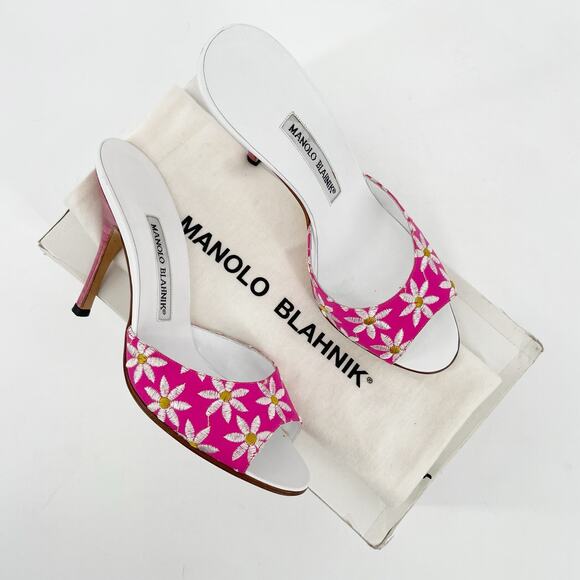 Manolo Blahnik Shoes - Manolo Blahnik Vintage y2k Pink White Daisy Floral Open Toe Mule Sandal IT 38